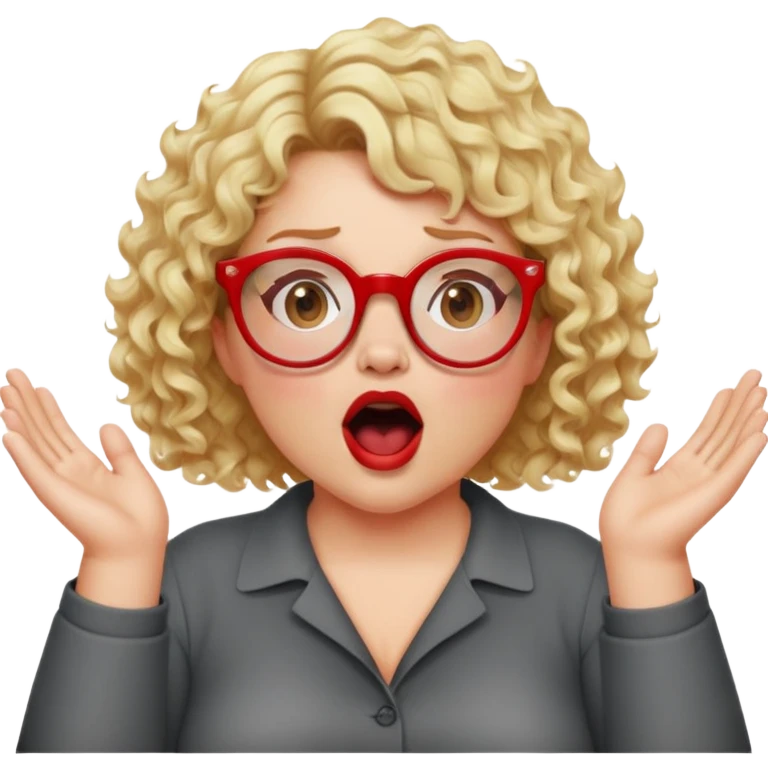 A blonde woman with short curly hair, slightly overweight, wearing red-framed glasses, shouting with hands cupped around her mouth emoji
