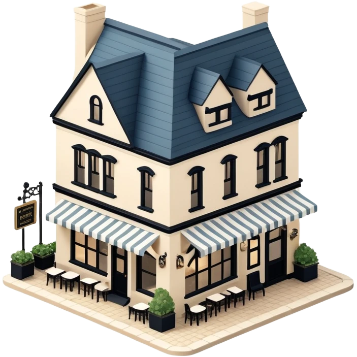 Isometric exterior little black, beige, and white upscale seafood restaurant, english dollhouse style 3D realistic  emoji