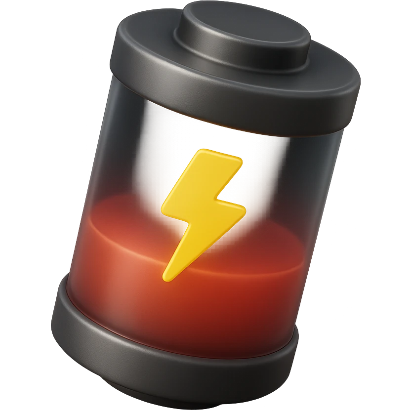 Realistic 3D cylindrical battery with half red level, inspired by the reference image, soft lighting, yellow lightning symbol, metallic and transparent details, isolated on white background. emoji