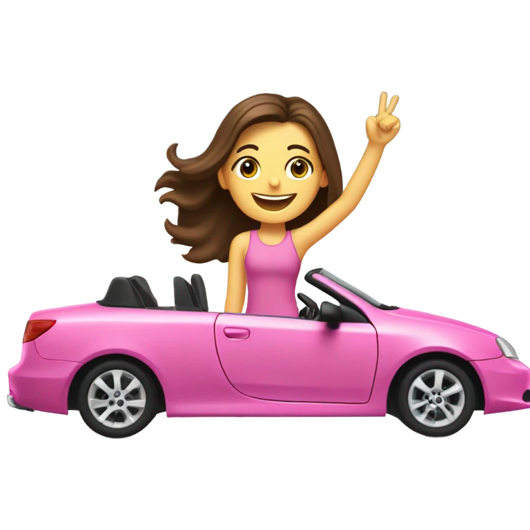 happy-long hair- brown eyes brunette-hands up- excited -girl-driving-pink-car-profile emoji
