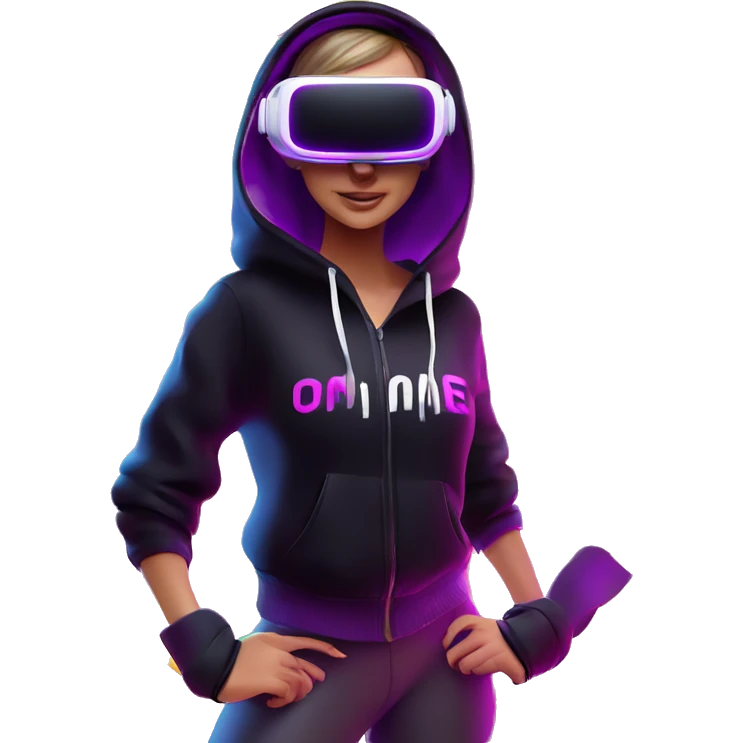 Russian girl wearing black hoody with violet letters "OMG", in vr headset oculus quest2. Dancing. Cyberpunk style. Violet neon. emoji