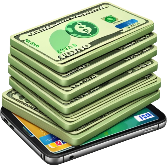 efectivo en dólares, un teléfono y unas tarjetas, todo con un estilo limpio, profesional y que transmita dinero y movimiento. emoji