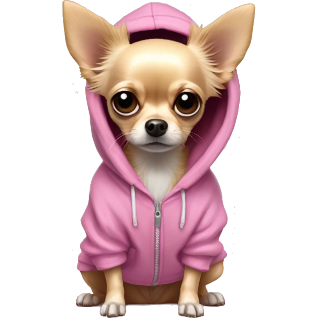   wirey fur long haired blonde chihuahua in a huge pink hoodie with ears back and sad eyes emoji