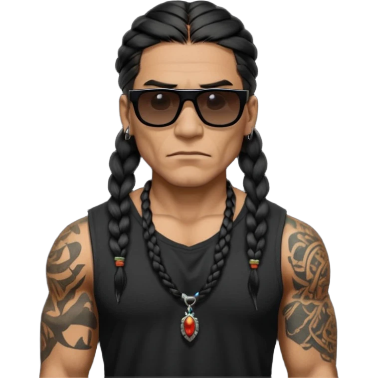 Native American/Spanish male. Hair on chin.
Untucked loose fitting black t-shirt. 
long black braided hair.
muscular.
Even More tattoos. 
Tough and menacing.
Dark black square sunglasses. emoji