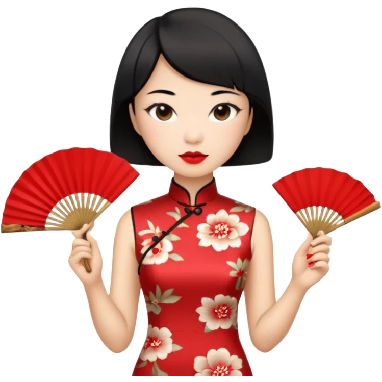 a chinese woman wearing a cheongsam holding a folding fan elegantly with fancy, red lipstick and short black hair emoji