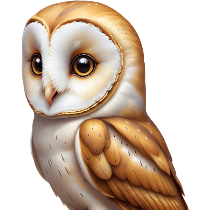 Cinematic Cute Barn Owl Portrait Emoji, Head tilted playfully and inquisitively, featuring a softly mottled Fur of white and brown with delicate feather patterns, round, sparkling amber eyes filled with curious wonder, Simplified yet irresistibly adorable features, highly detailed, glowing with a warm, friendly glow, high shine, affectionate and gentle, stylized with a touch of barnyard whimsy, bright and endearing, soft glowing outline, capturing the essence of a mischievous yet loving owl, so playful it feels like it could swoop out of the screen and into your arms! emoji