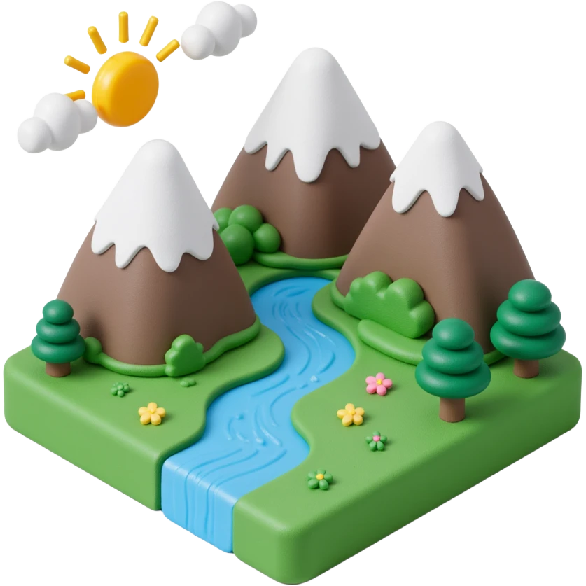 mountains with river flowing and sun emoji
