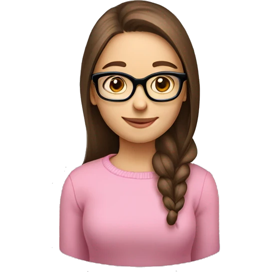 Russian smile Girl with straight brown hair and black glasses frame and in pink sweater working behind laptop emoji
