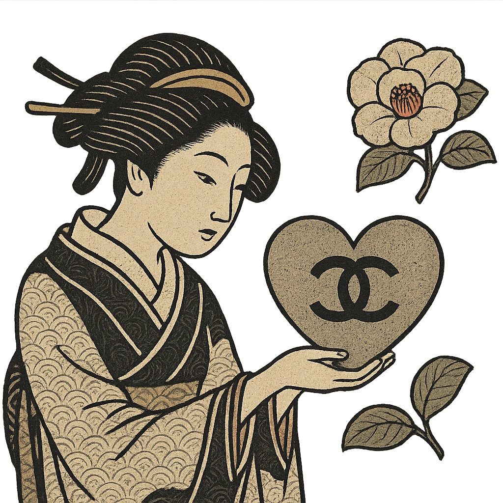 Chanel heart, traditional Japanese, black and white, with a camellia flower emoji
