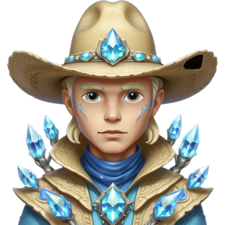 Portrait of a crystalline alien cowboy, face made of sharp translucent crystal structures, light refracting through edges, elegant cowboy hat carved from alien mineral, dramatic rim lighting, ultra detailed fantasy sci-fi portrait
 emoji