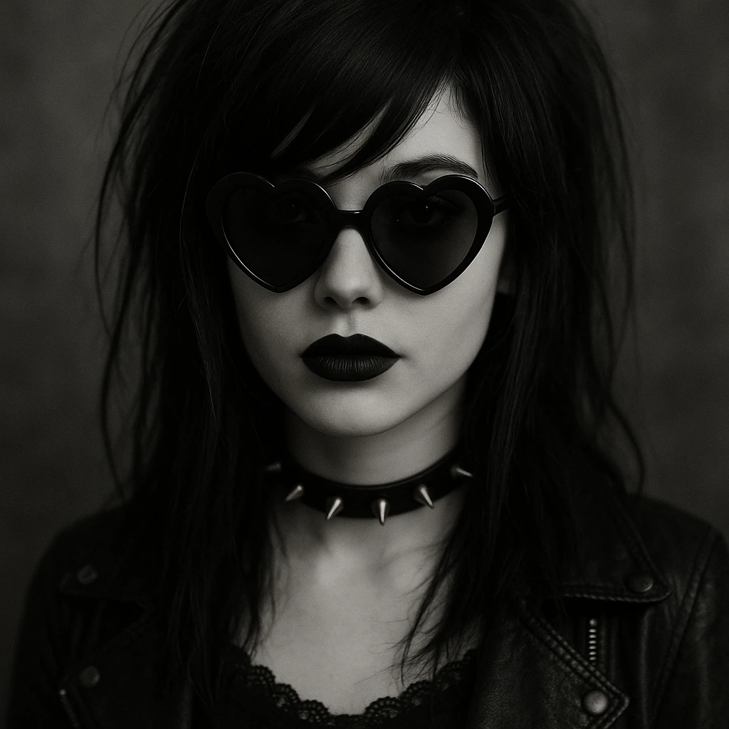 emo girl with heart-shaped sunglasses, dark hair, mysterious vibe emoji