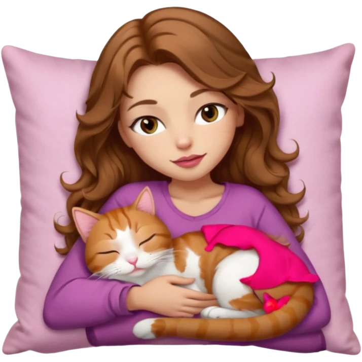 girl with long wavy brown hair, brown eyes, long lashes makeup, sexy pink lips, light to medium complexion,  sleeping on a cozy pillow, with 6 cats: 1 brown tabby cat, 1 ginger and white cat, 2 grey and white cats, 1 grey with white mittens and small white patch on chest cat and 1 calico cat emoji