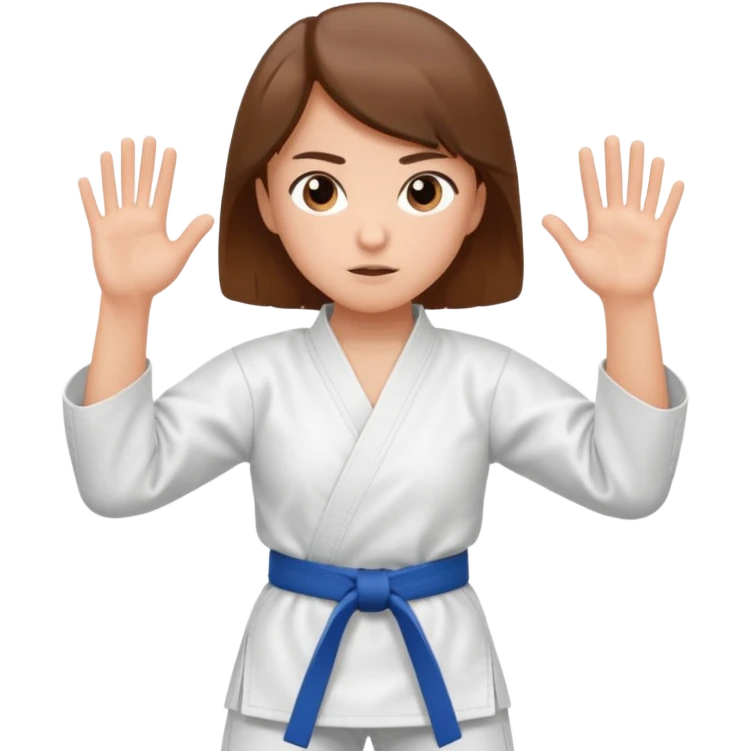 Ragazza castana che pratica karate, ha la cintura nera ed io tradizionale kimono bianco del karate, in posizione di guardia emoji
