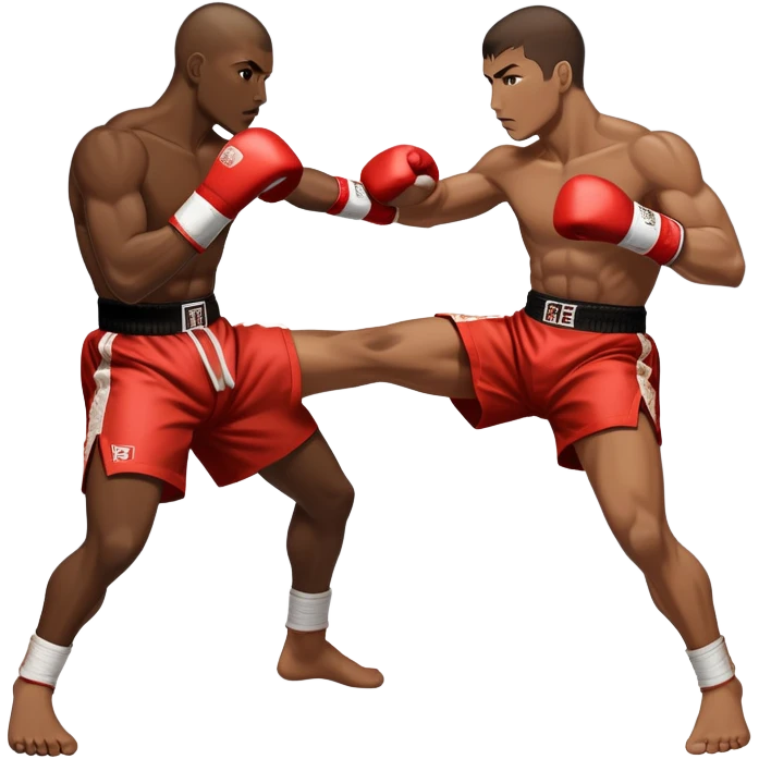 An icon showcasing a kickboxer in action, using precise techniques with both feet and elbows. One fighter delivers a powerful kick to the opponent's legs, while the other counters with an elbow strike. The background features a ring and a dynamic atmosphere. Transparent background  emoji