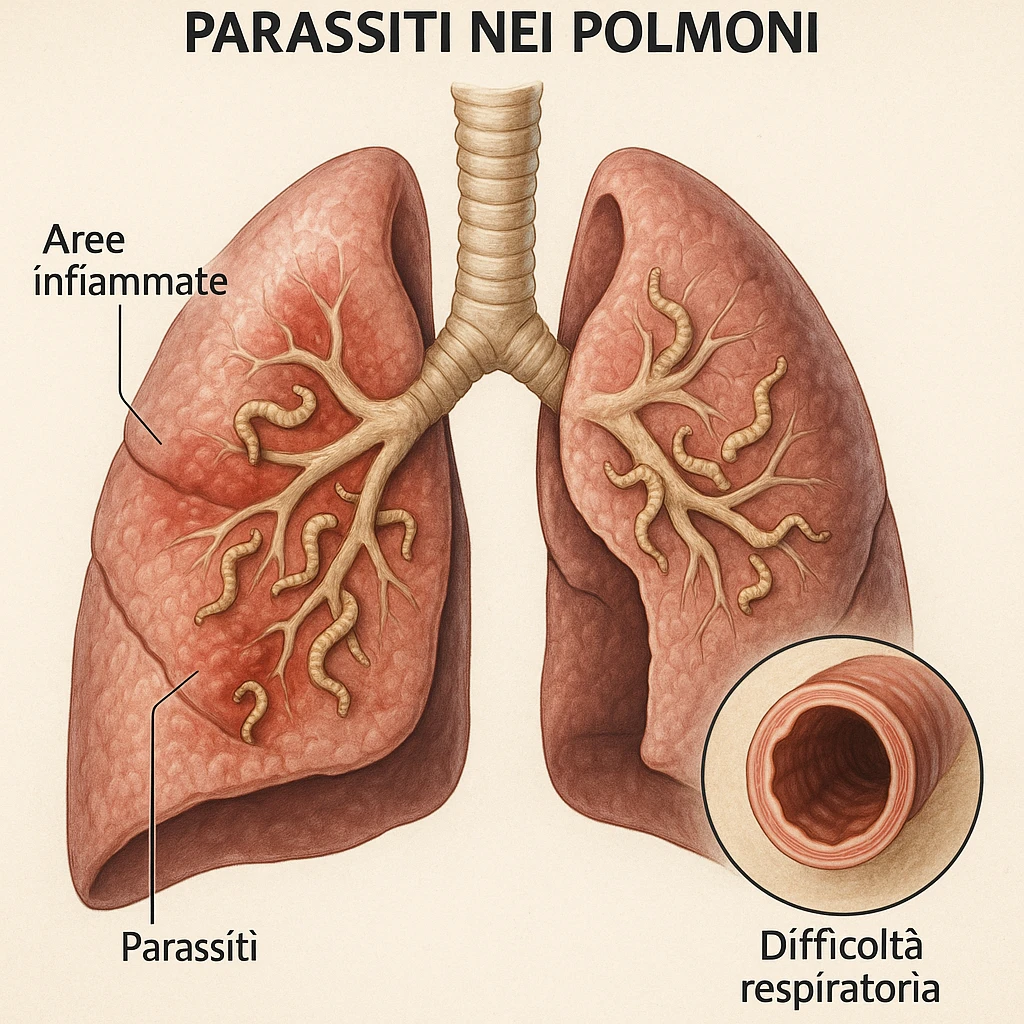 realistic medical illustration of a cross-section of lungs showing parasites causing respiratory problems, with inflamed areas and visual cues for breathing difficulty, educational and respectful, labeled in Italian, no explicit details emoji