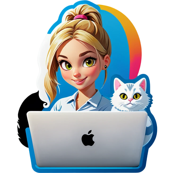 Blonde girl ponytail macBook and a cat emoji