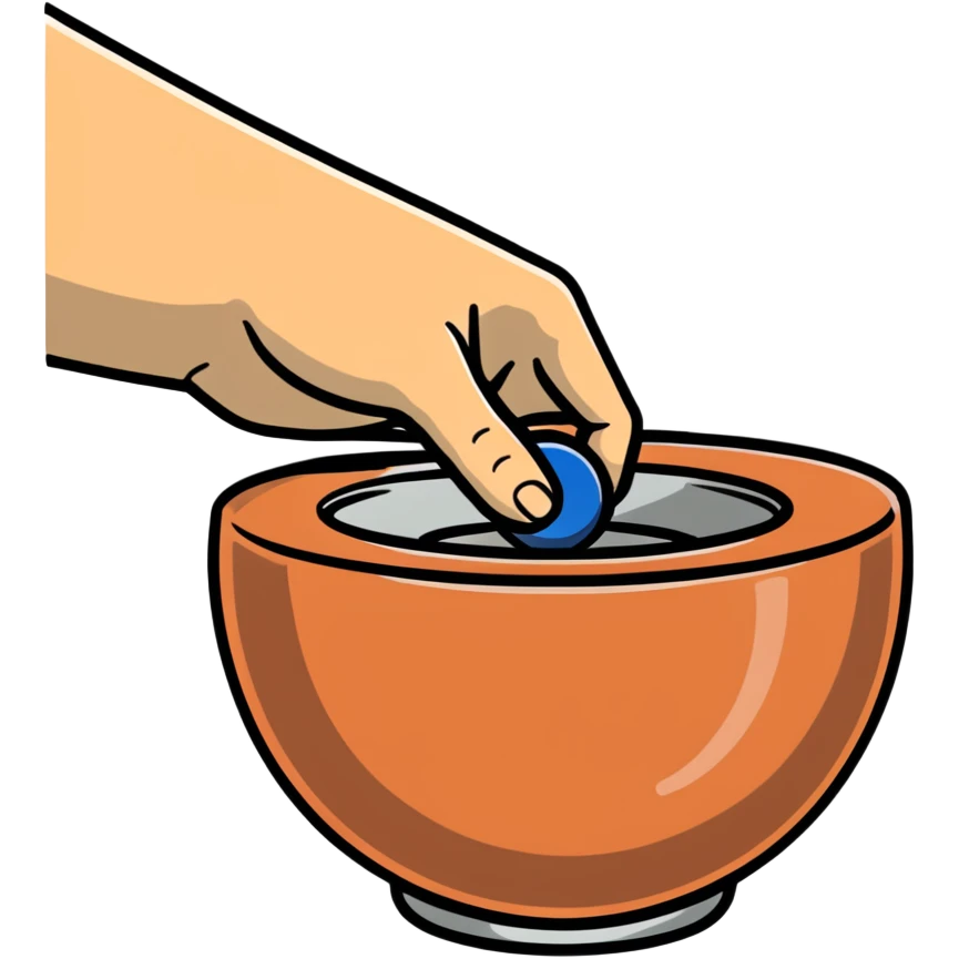 thumb pressing side of a clay ball down onto a silver pottery wheel, thumb at the bottom of the clay, pottery gesture emoji