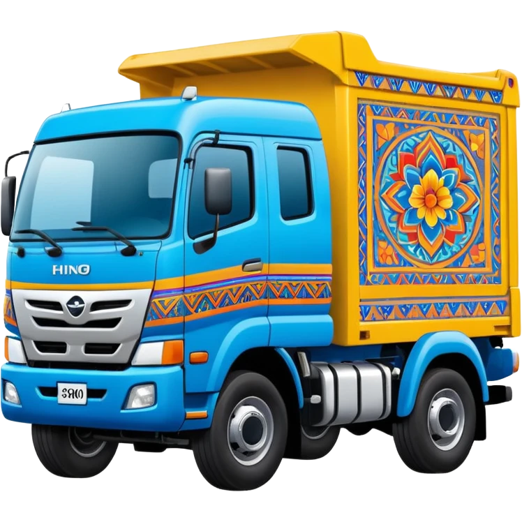 Emoji style illustration of a Hino 500 truck, colorful Peruvian decorative truck art, bright blue body, Andean patterns and vibrant painted details, bold outlines, flat vector style, clean shading, sticker design, centered, white or transparent background, high detail, cartoon style emoji