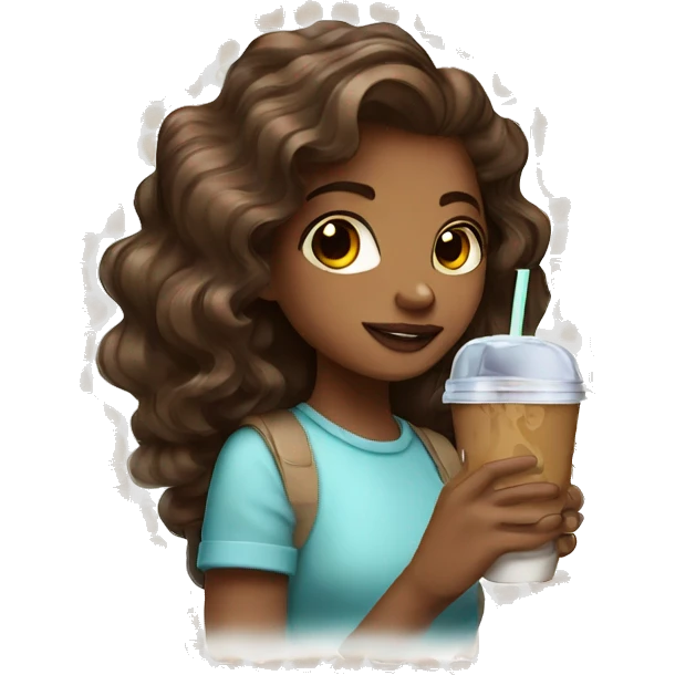 Girl drinking iced coffee with dark brown with highlights curled hair emoji