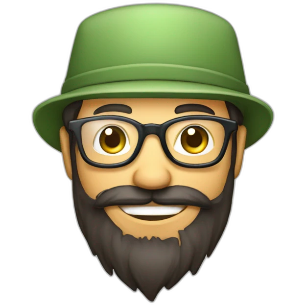 happy gardener face long dark beard and short dark hair with little transparent glasses and a hat emoji