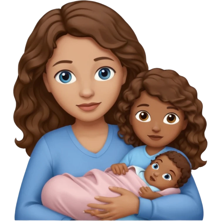 Mom with blue eyes and wavy hair carrying brown skinned newborn emoji