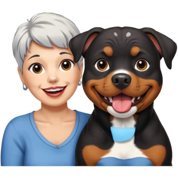 Pitt bull rottweiler white muzzle with black spots tongue out next to one older woman with short silver hair emoji