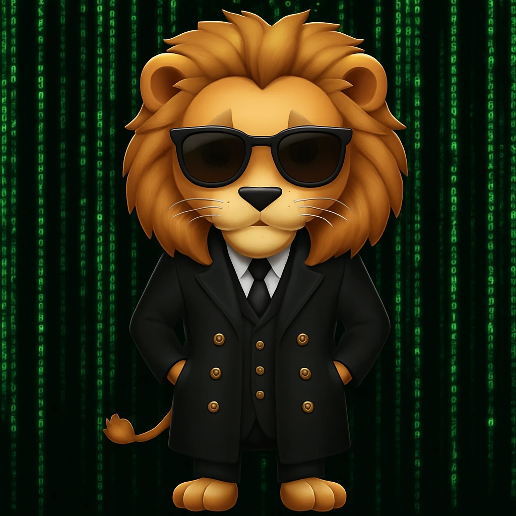 Add a green Matrix code background to the lion in Neo's Matrix look, keeping the emoji style look and feel. emoji