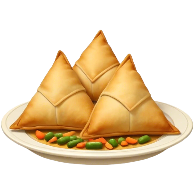 Cinematic Realistic Samosas Dish Emoji, depicted as golden, crispy pastry pockets filled with spiced vegetables rendered with detailed textures and appetizing lighting. emoji