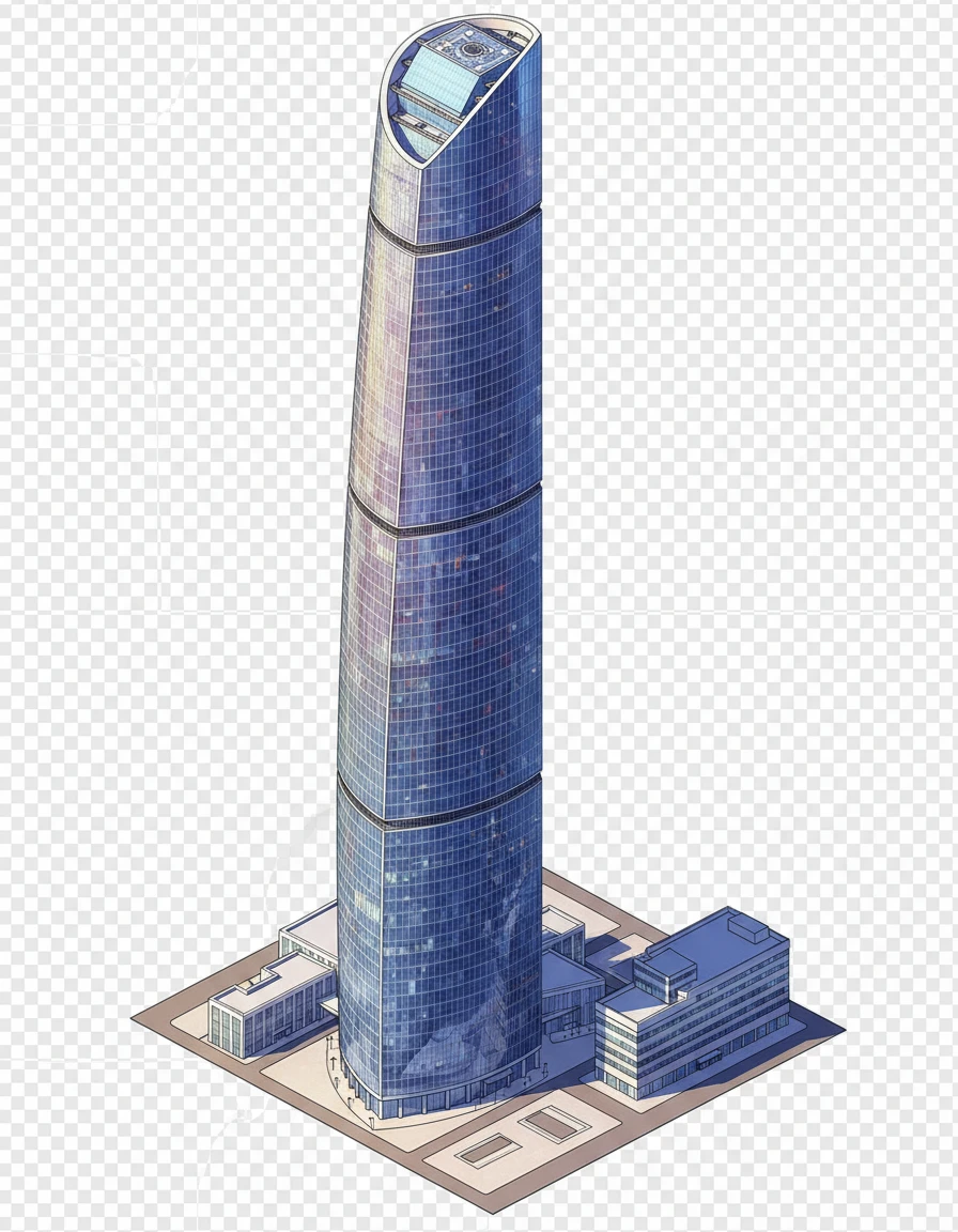 Изометричная, яркая, детализированная, объемная и фотореалистичная иллюстрация башни Федерации Восток в Москве . Чёткие контуры, не размазанные линии, высокое качество, прозрачный фон, не обрезать края картинки emoji