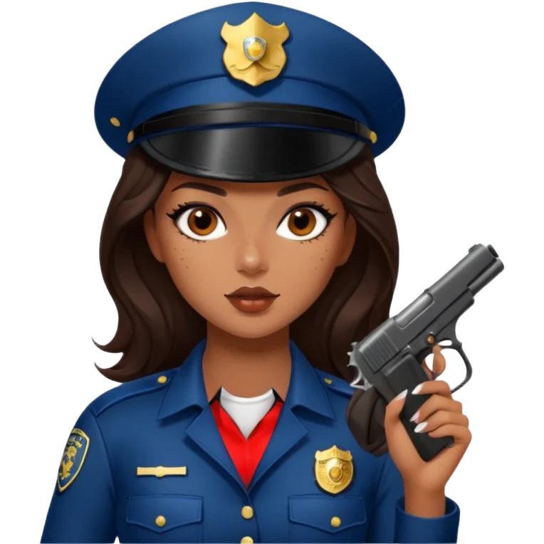 A sexy girl. with caramel skin. Dark brown hair and brown eyes. She has freckles. Wearing sexy makeup. Dressed as a sexy cop. wearing lingerie. Wearing heels on her feet. Holding a gun emoji