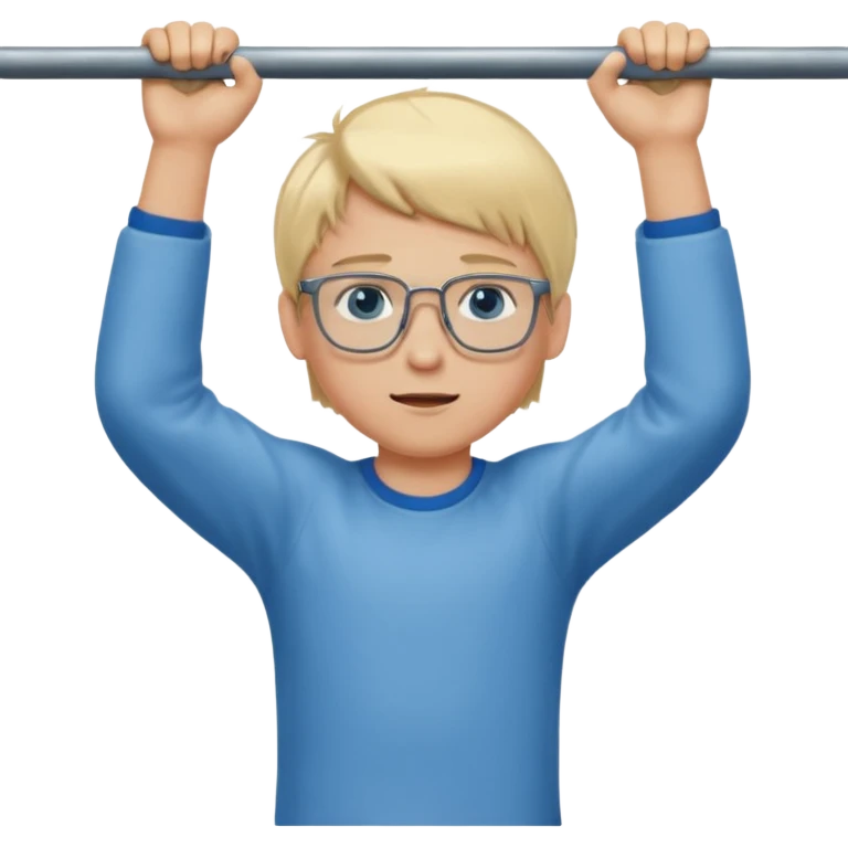 Wygeneruj mi emotke chłopaka o włosach blond z niebieskimi oczami w okularach, który podciąga się na drążku emoji