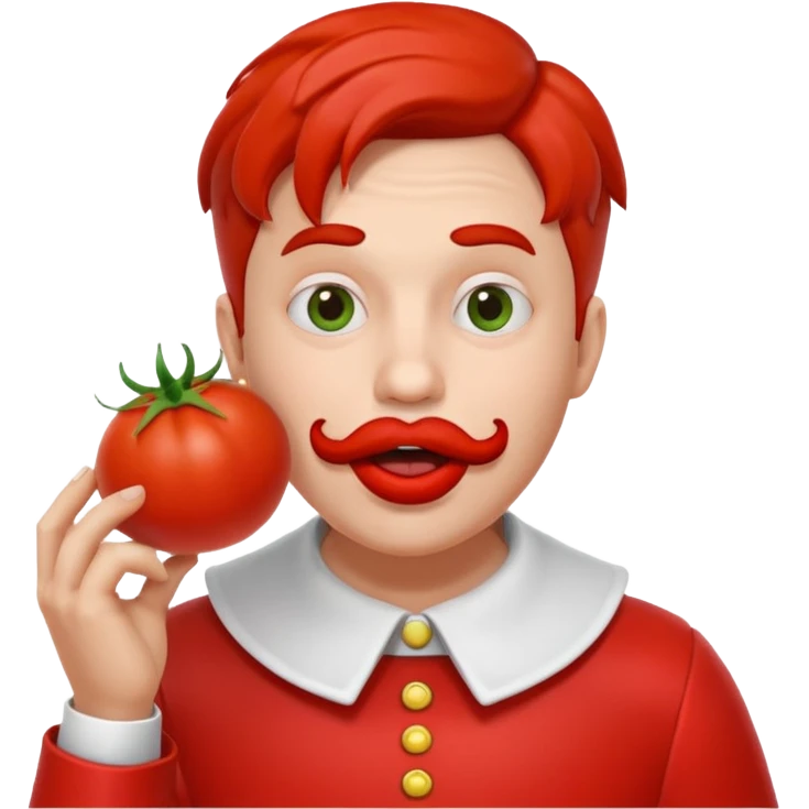 funny theater actor character who ate tomatoes, tomato sauce around mouth, dramatic expression, stage costume collar, 3D cartoon, mobile game icon style, clean background, no text, no watermark
 emoji