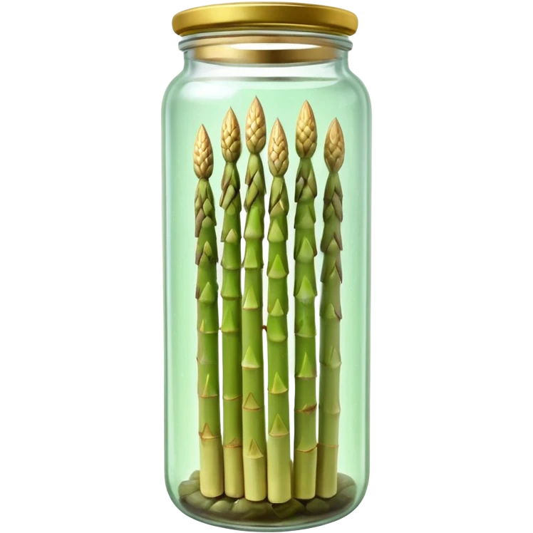 tall clear glass jar filled with upright pale white or green asparagus spears submerged in brine, sealed metallic lid gold or green, slim smooth spears neatly arranged tips upward, no label plate or extras, soft lighting, subtle shadows, transparent background, emoji scale emoji