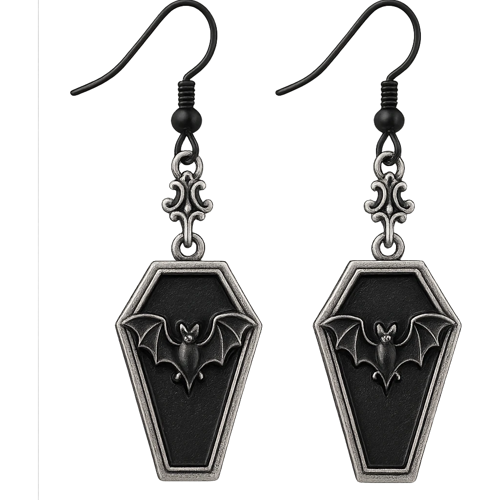 goth earrings, black coffin with bat, classic gothic, detailed emoji