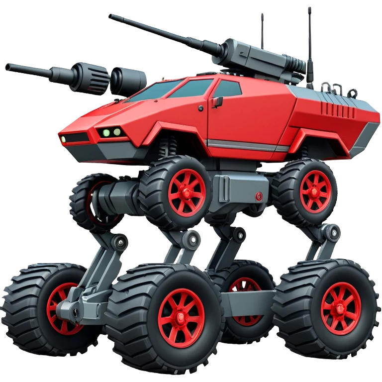 unstoppable American 8-wheel armored personnel stealth self-balancing army massive mech trail vehicle shooting forward side-hill leaning actively robotically articulating hydraulic independent suspended pod gimbal enemy mech off-road racing rover with large fast engine RC basher crawler megatron  emoji