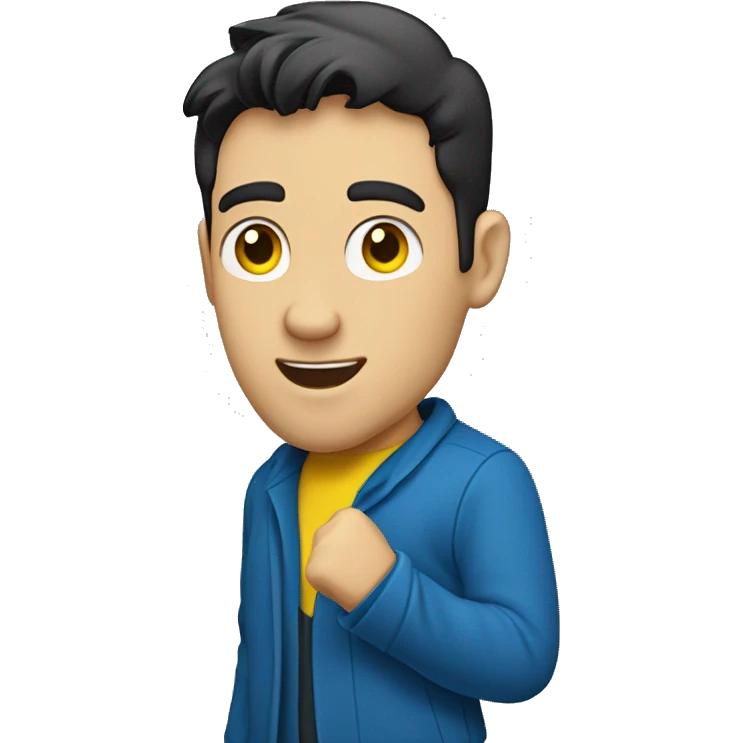 HALF BODY CAUCASIAN GUY WITH SOFT BLACK SHORT HAIR WITH BLUE COAT AND YELLOW INNER SHIRT SHOWING HIS DANCE MOVES emoji