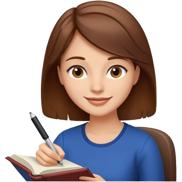 happy woman with brown hair writing a book emoji