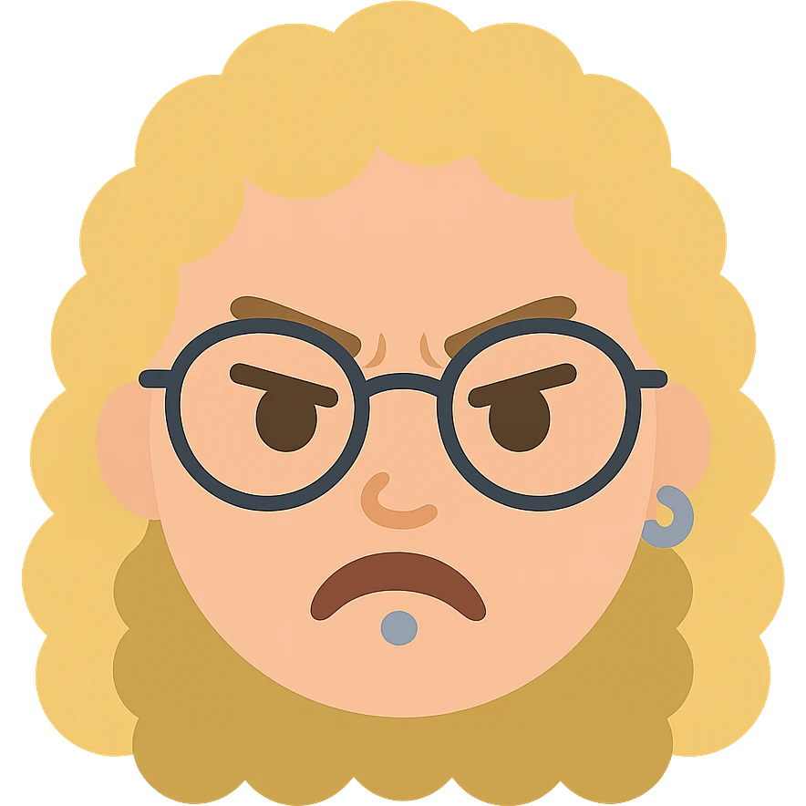female human with light skin, blond curly hair, glasses, nose piercing, lip piercing, angry expression emoji