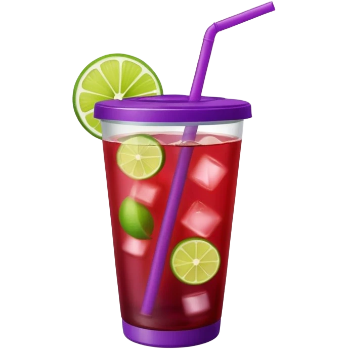 maroon purple cocktail with a lime wedge in the drink in a plastic cup with lid and straw

 emoji