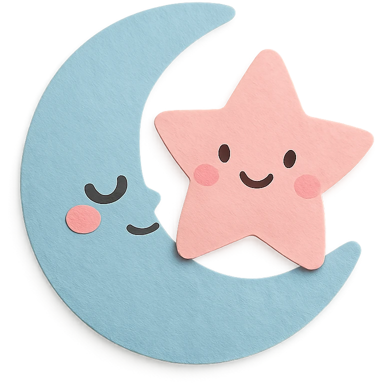 soft pastel blue crescent moon hugging a soft pink star, no arms, no legs, full body, soft pastel kawaii paper craft style emoji