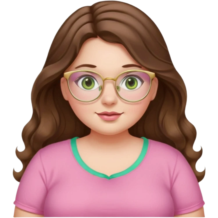 Girl girl long wavy brown hair with middle part, pale green eyes, plus size, pink girly top, gold rimmed glasses emoji