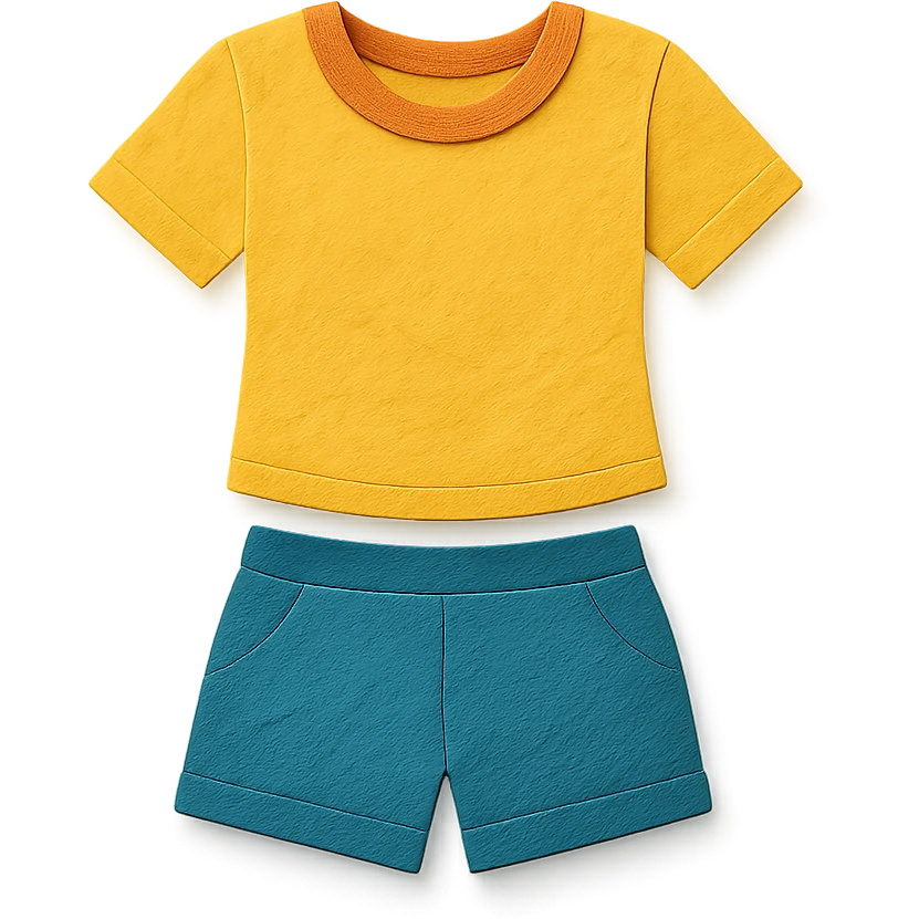 illustration of a women's short and tee shirt set in paper-craft style emoji