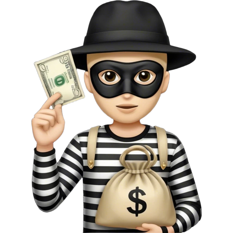 Thief with black and white stripe shirt, black hat, black mask, and beige bag with money sign on it emoji