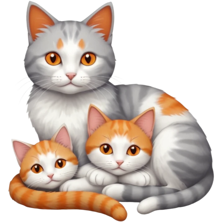 full body of a grey and white cat cuddling a very small + skinny ginger and white kitten with deep orange eyes and triangular shaped face lying down emoji