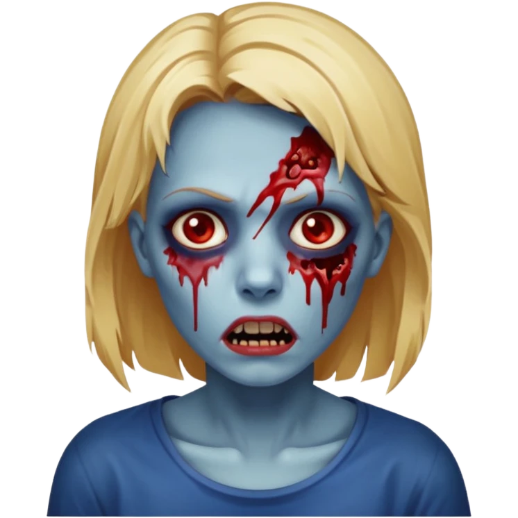 zumbi feminino com cortes no rosto, olhos baixos e vermelhos, cabelo loiro e rosto azul escuro, boca e olhos sangrando cm fundl azul e mais sangues possível emoji