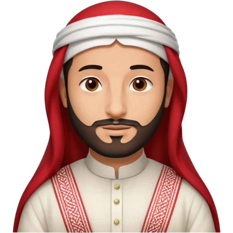 detailed iPhone-style emoji of a Saudi man resembling Crown Prince Mohammed bin Salman, soft round cartoon face, short beard, gentle brown eyes, calm confident smile, wearing traditional white thobe, red-and-white shemagh with black agal, both hands gently visible emoji