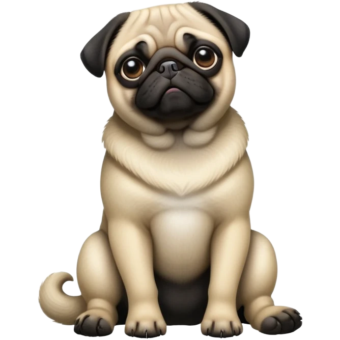 cinematic-[pug]-realistic-full-body-sitting-emoji,-tail-resting-loosely-beside-its-paws,-head-tilted-dramatically, -sleek-[black]-fur,-simplified-yet-realistic-focused-features,-highly-detailed,-glowing-with-an-almost-sarcastic-glow emoji