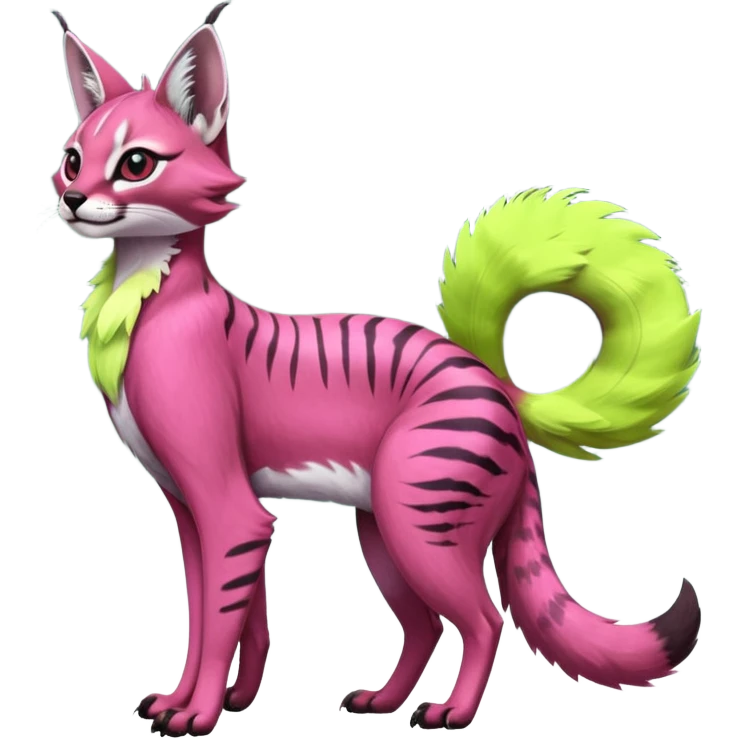 Colorful dark pink lime-green tropical exotic cute cool beautiful shiny beautiful fantasy-caracal-civet-genet-sergal-vernid-serval-Gryphon-Cacomistle-Trico-oncilla-animal-Fakémon-hybrid-fursona (full body) emoji