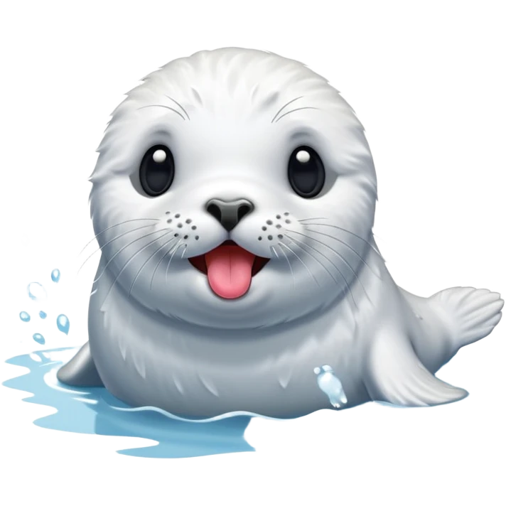 A fluffy, all-white furred, tiny seal having fun in the lake while sticking his tongue out. emoji