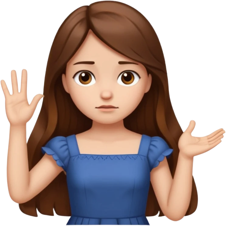 fake costumer loyalty, girl that doesn't care, she is like whatever, brown long hair, cute dress and her hand showing like i dont care whatever, make her look little bit bored emoji